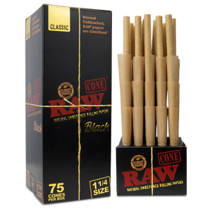 Raw Classic Black 1 1/4 Size Cones – 75 Cones Per Box